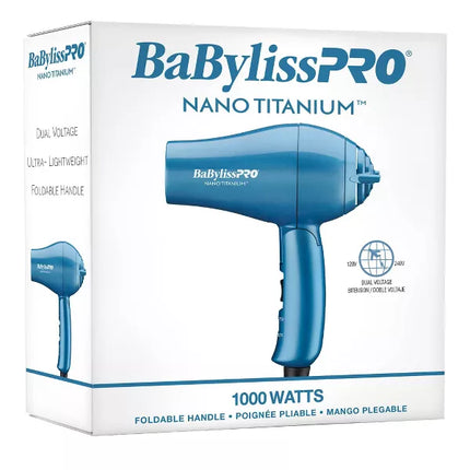 BaBylissPRO Nano Titanium Travel Hair Dryer - Blue, 1000W (New)