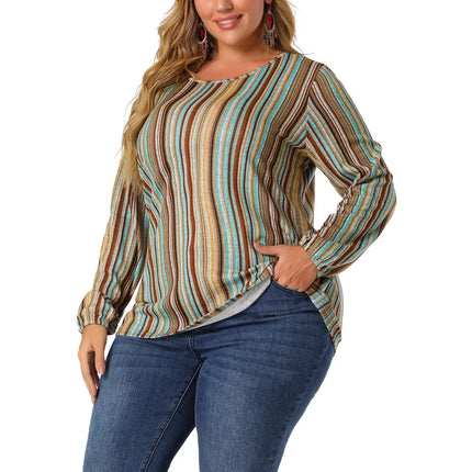 Women's Plus Size Colorful Elastic Cuff Crew Neck Long Sleeve Stripe Blouse - Agnes Orinda, New - Size 2XL