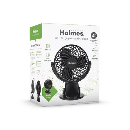 Holmes 4" On-The-Go Portable Clip Rechargeable Battery Fan - 360° Rotation - Black - Open Box