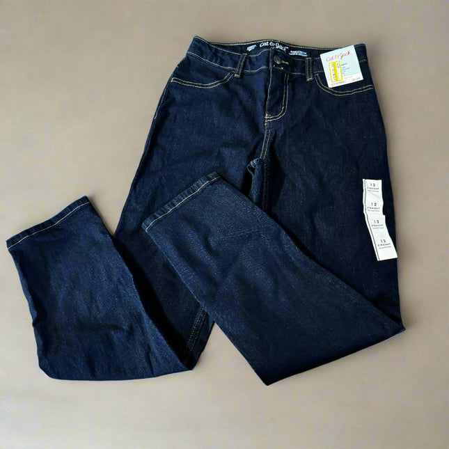 Girls' Mid-Rise Straight Jeans - Cat & Jack™, Dark Wash, Size 12 Stretch, New