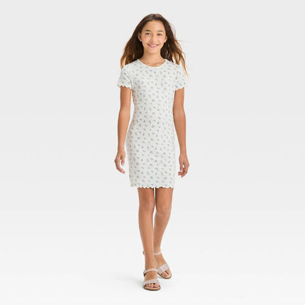 Girls' Short Sleeve Rib-Knit Dress - Art Class™, New - White Floral, Size 8

