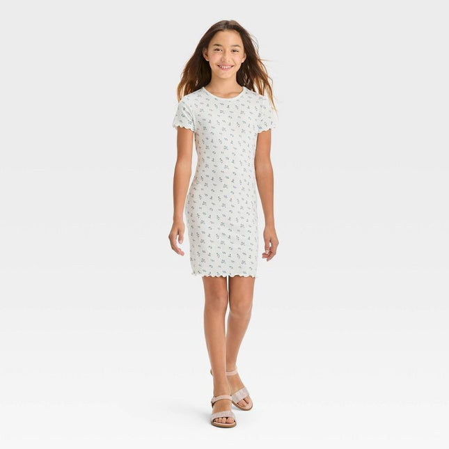 Girls' Short Sleeve Rib-Knit Dress - Art Class™, New - White Floral, Size 8

