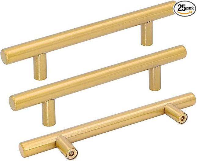 Goldenwarm 25-Pack Kitchen Cabinet Handles – 4" Gold Bar Pulls, Brushed Brass – Open Box
