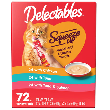 Hartz Delectables Squeeze Up Cat Treat Variety Pack, 72 Count, 0.5oz Tubes, Lickable Wet Cat Treats, New