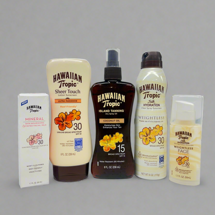 “Hawaiian Tropic Sunscreen 5-Pack Variety Set, new, SPF 15-30, broad-spectrum protection, expiration date 07/15/2025”