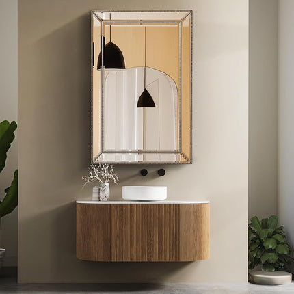 Head West Champagne Silver Metro Beaded Glass Framed Vanity Mirror 24"x36" Open Box