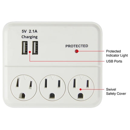 Hyper Tough 3-Outlet Surge Tap With 2 USB Ports, White - New
