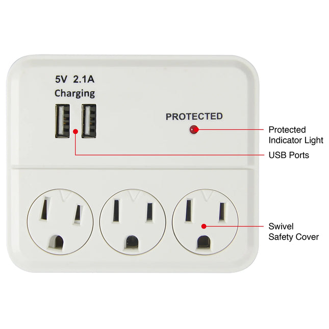 Hyper Tough 3-Outlet Surge Tap With 2 USB Ports, White - New
