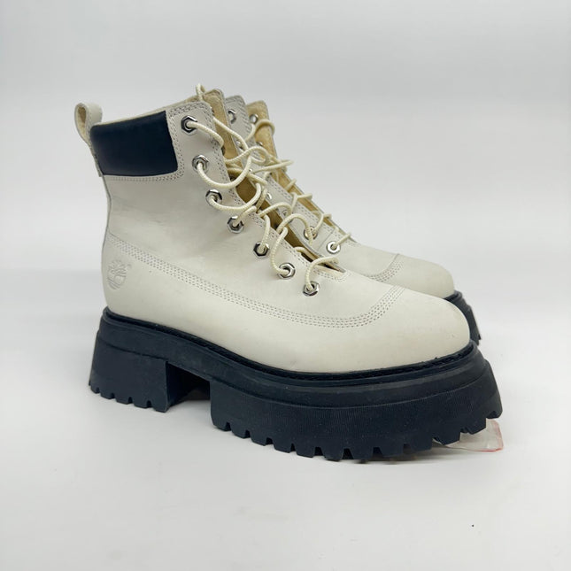 Timberland Women's Sky Boots, White Leather Platform Chunky Combat Lace-Up, New with Imperfection No Box, Size 9