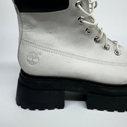 Timberland Women's Sky Boots, White Leather Platform Chunky Combat Lace-Up, New with Imperfection No Box, Size 9