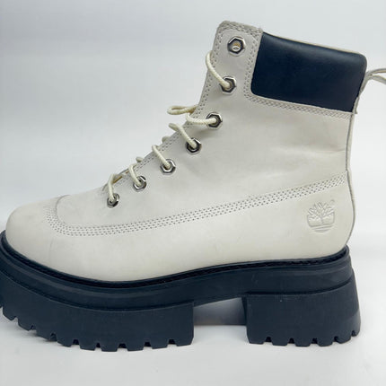 Timberland Women's Sky Boots, White Leather Platform Chunky Combat Lace-Up, New with Imperfection No Box, Size 9