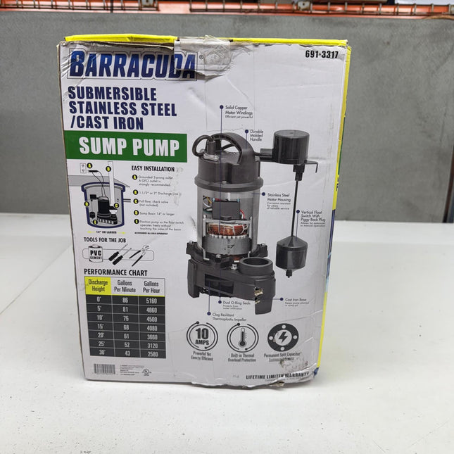 Barracuda 1 HP Cast Iron Sump Pump Side Discharge Vertical Float – Open Box, Broken Leg