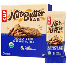 5CT CLIF Nut Butter Bar in Chocolate Chip & Peanut Butter flavor, a USDA organic, plant-based snack bar (Jan 05,2027)