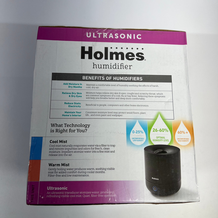 Holmes Ultrasonic 0.36 Gallon Cool Mist Top Fill Antimicrobial Humidifier in Black New, Open Box