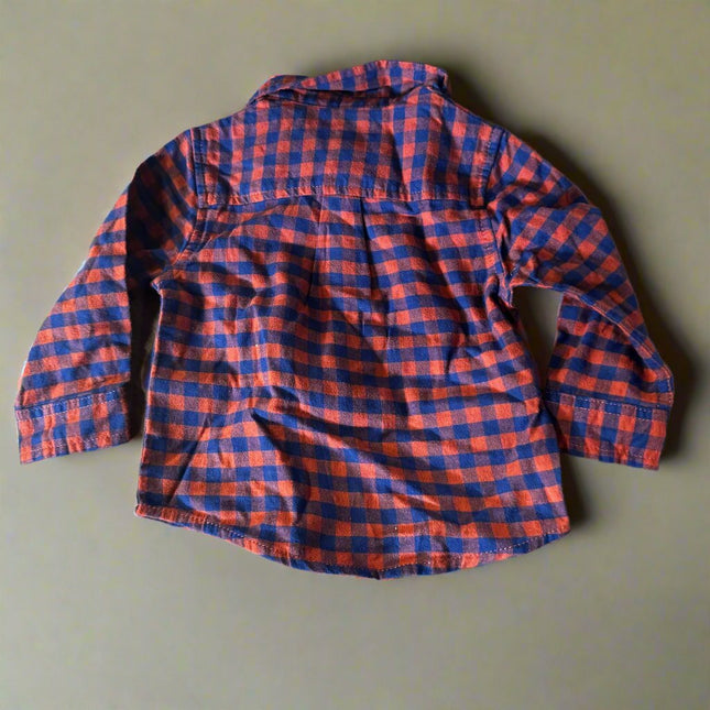 Cat & Jack Toddler Boys Button Down Checkered Orange Blue Shirt, New- 12M