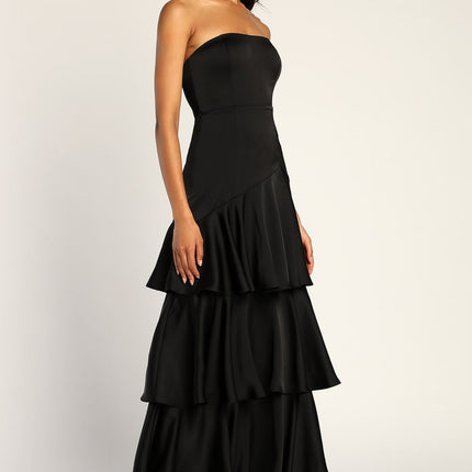 Lulus Women's Blissfully Beautiful Black Satin Strapless Tiered Maxi Dress, New, Size S