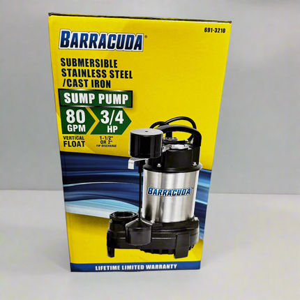 Barracuda Stainless Steel & Cast Iron Sump Pump, 3/4 HP New