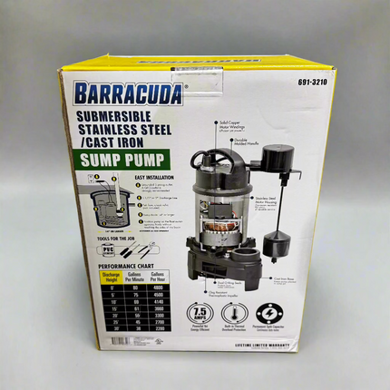 Barracuda Stainless Steel & Cast Iron Sump Pump, 3/4 HP New