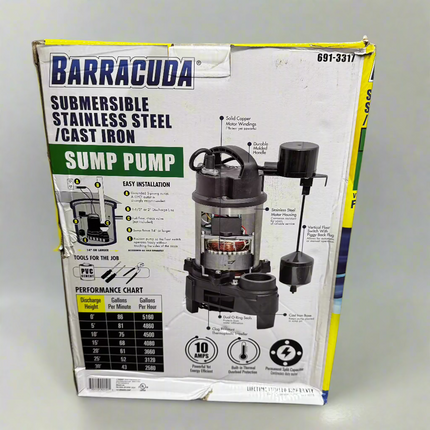 Barracuda 1 HP Cast Iron Sump Pump Side Discharge with Vertical Float Switch New