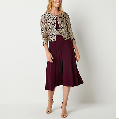 Jessica Howard Glitter Jacket Dress in Wine, Size 18, New