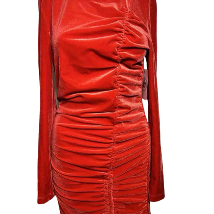 Juicy Couture Red Velvet Long Sleeve Ruched Bodycon Dress Size Medium New
