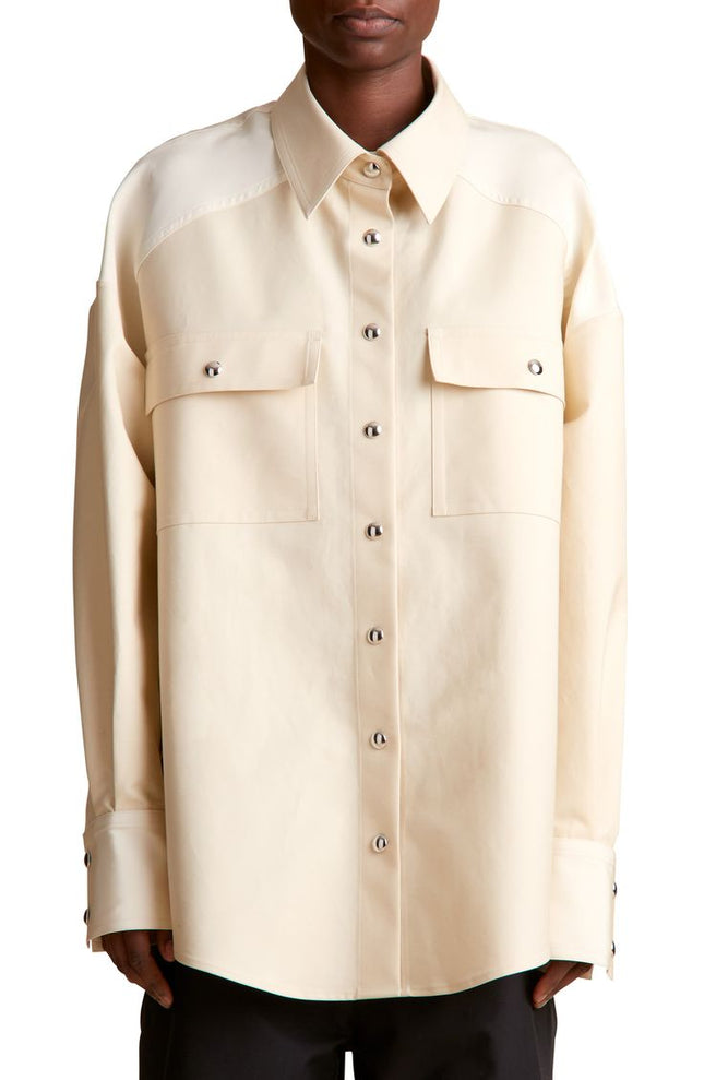 Khaite Women's Bea Oversize Leather Snap-Up Shirt, Beige