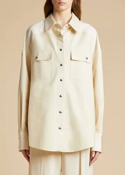 Khaite Women's Bea Oversize Leather Snap-Up Shirt, Beige
