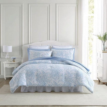 Laura Ashley Queen Comforter Set - Cotton Reversible Bedding, Bedford Blue, Warehouse Dirt (Open Box)