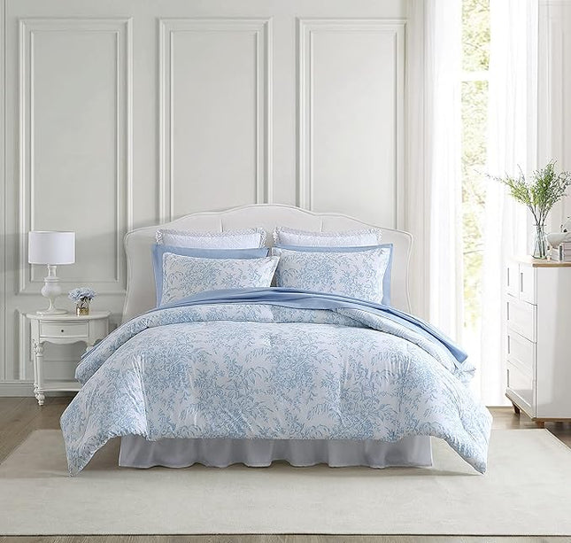  Laura Ashley Queen Comforter Set - Cotton Reversible Bedding, Bedford Blue, Warehouse Dirt (Open Box)