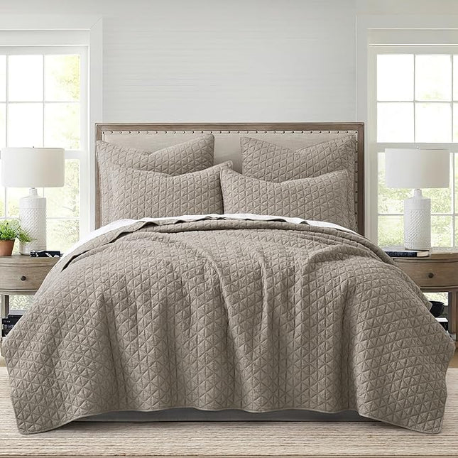 Levtex Home Rowan King Quilt Set - Tan Crinkle, Reversible (New)