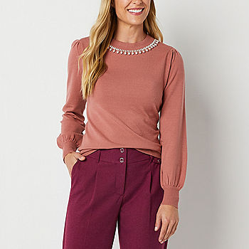Liz Claiborne Women's Crew Neck Embellished Long Sleeve Pullover Sweater - Rose - Size XS Petite - New