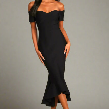 lulus black off the shoulder dress Black Off-the-Shoulder Midi Dress | Womens | Medium | 100% Polyester | Lulus