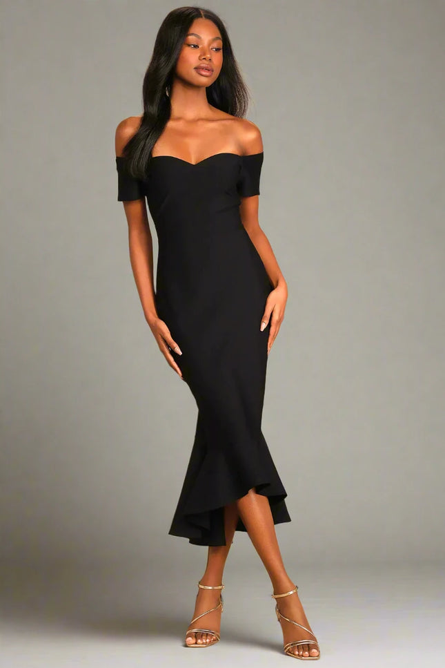  Lulus Women's How Much I Care Black Off-the-Shoulder Midi Dress, New, Size XS