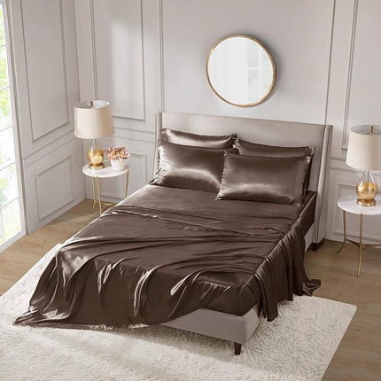 Madison Park Essentials Satin Sheet Set - King, Chocolate, 6-Piece (Open Box)