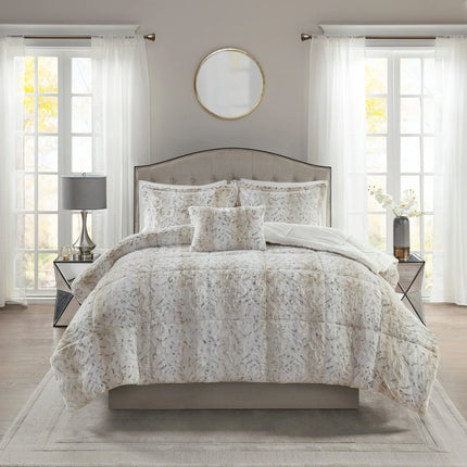 Madison Park Faux Fur Queen Comforter Set with Throw Pillow - Snow Leopard Design (Open Box)