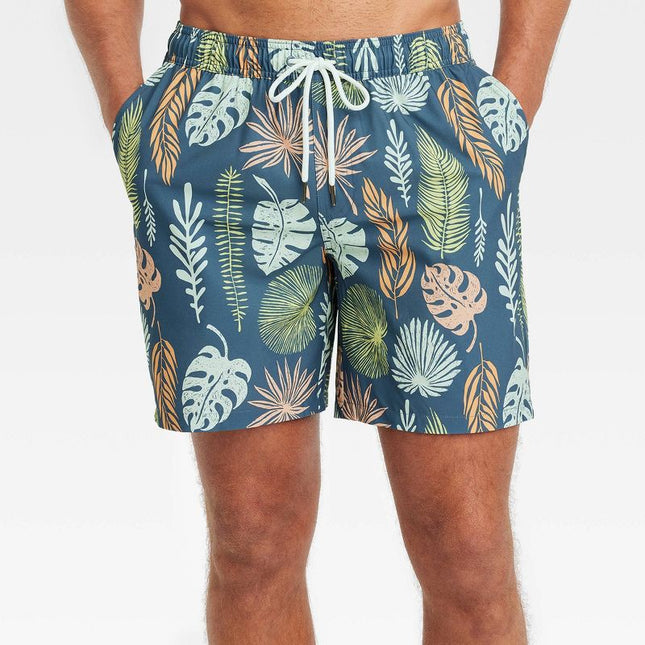 Men's 7" Leaf Print Elevated Elastic Waist Swim Shorts With Boxer Brief Liner - Goodfellow & Co™, New, Navy Blue, Size M