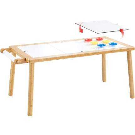  Multifunctional wooden activity table for kids, new in box, box open, reversible top, sturdy wooden frame, colorful built-in games”