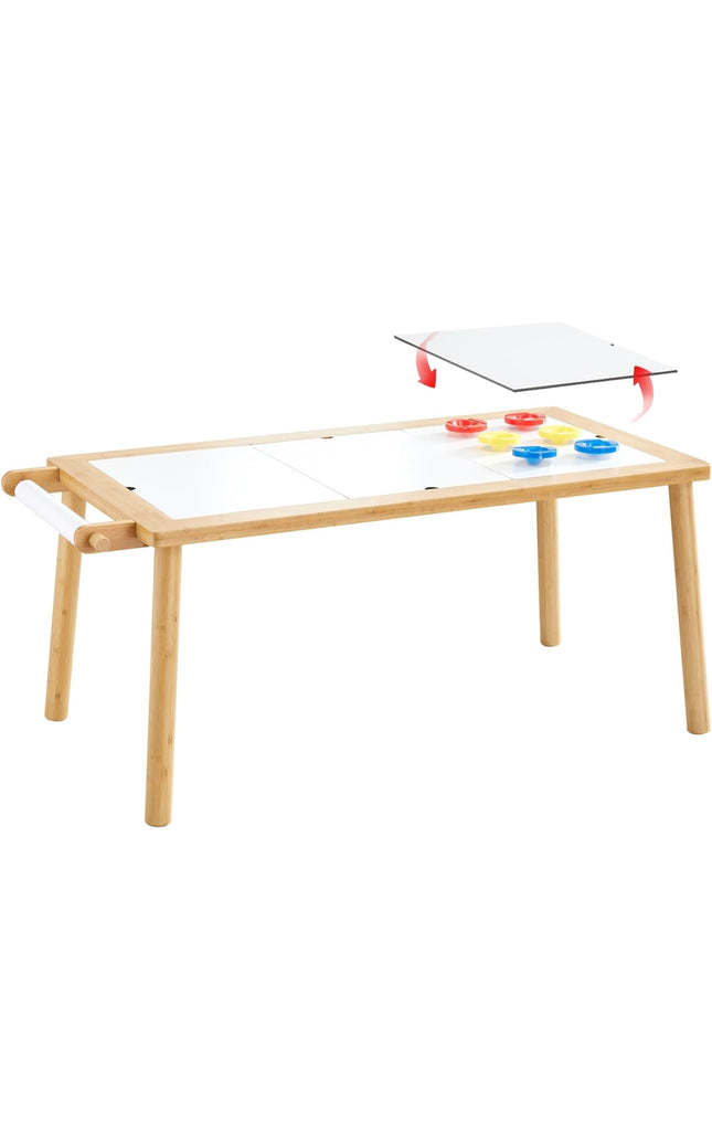 Multifunctional wooden activity table for kids, new in box, box open, reversible top, sturdy wooden frame, colorful built-in games”
