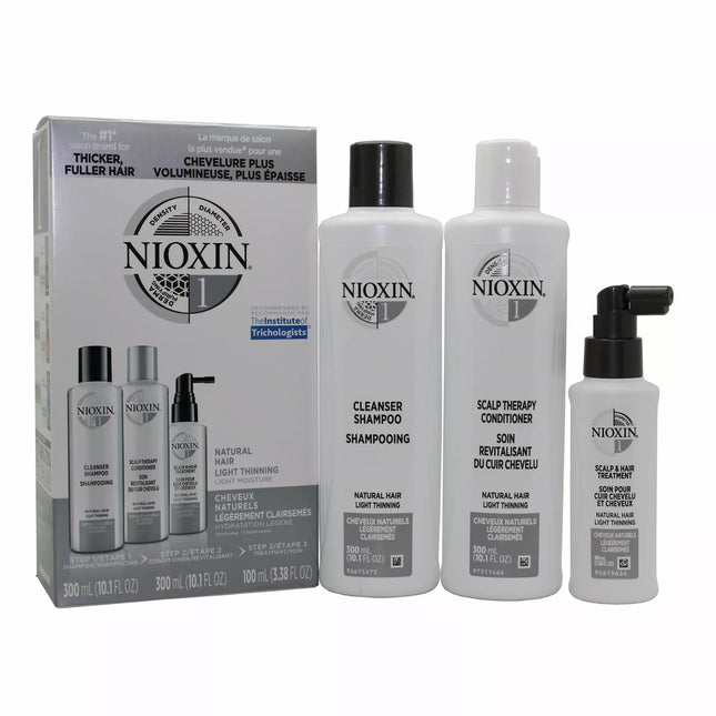 Nioxin System 1 Kit for Natural Hair with Light Thinning – 10.1 oz Shampoo, 10.1 oz Conditioner, 3.38 oz Scalp & Hair Treatment – New