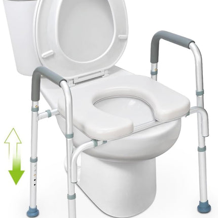 “OasisSpace Raised Toilet Seat with Handles, adjustable commode chair with safety frame, elongated risers for elderly, handicap, disabled.”