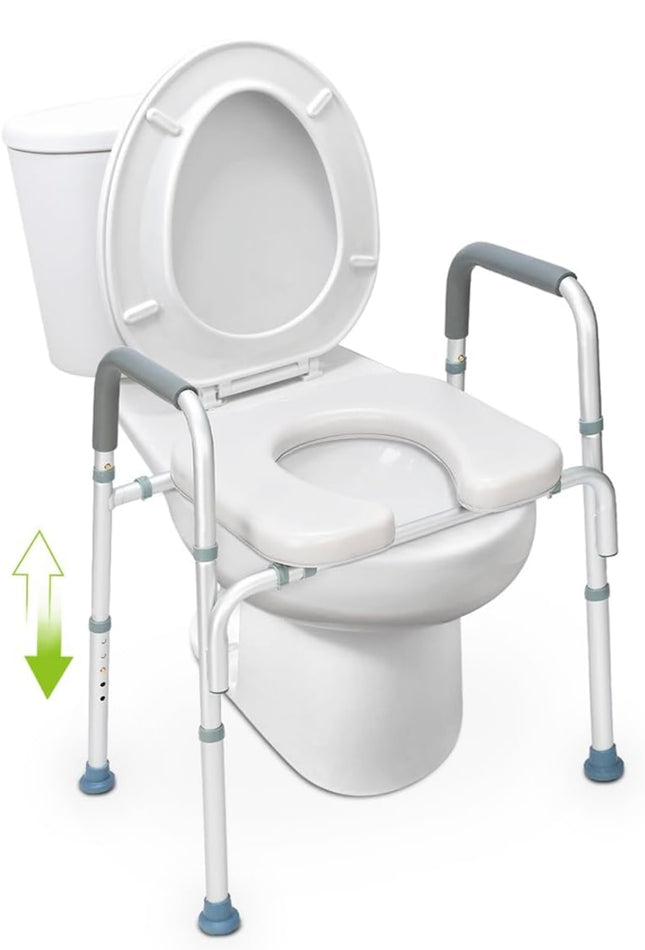 “OasisSpace Raised Toilet Seat with Handles, adjustable commode chair with safety frame, elongated risers for elderly, handicap, disabled.”