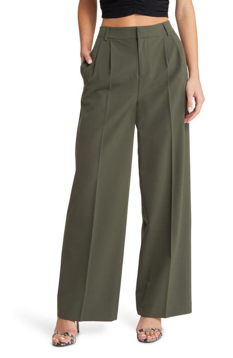 Open Edit Relaxed Waist Wide-Leg Trousers in Green City, Size S - New