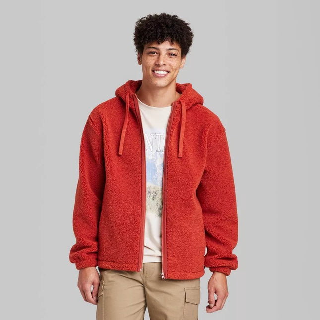 Original Use Men's Hooded Zip-Up Sweatshirt Full Zip Fuzzy Hoodie, Orange, New, Size M


