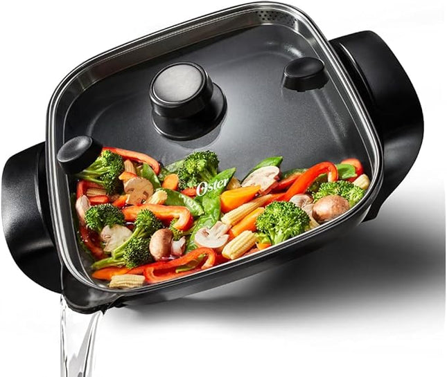 Oster DiamondForce 12"x12" Strain & Pour Electric Skillet - Nonstick Coating with Diamonds, Adjustable Temp, New

