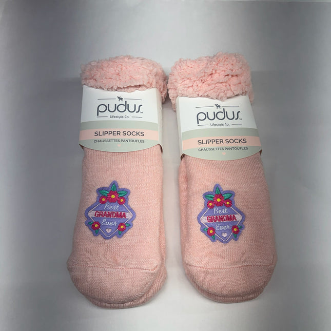 Pudus Slipper Socks 2-Pack Best Grandma Ever Pink Sherpa Lined Women’s 5–11 New
