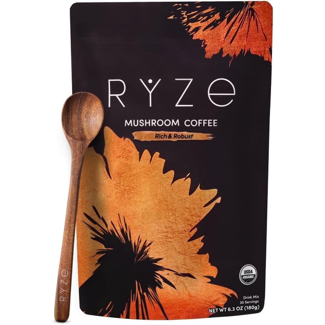 RYZE SUPERFOODS Mushroom Coffee Dark Roast, 6 Adaptogenic Mushrooms & Prebiotic Blend - 30 Servings