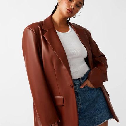 Steve Madden Women's Imaan Leather Blazer, Cognac, New Without Tags, Size S