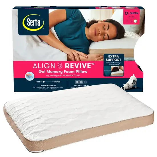 Serta Align & Revive Gel Memory Foam Pillow, Queen, Off-White (New)