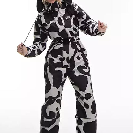 TOPSHOP SNO Women s Cow Print Ski Suit with Hood Black New Size US Discount Whales