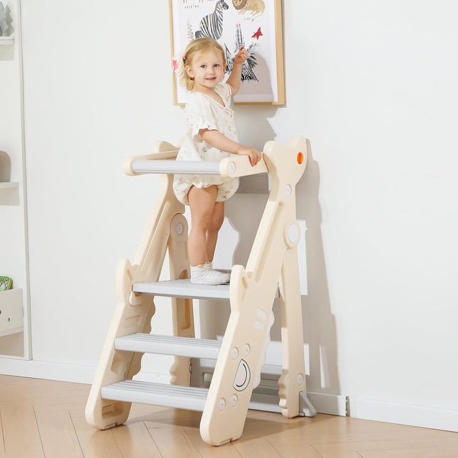 Toddler Kitchen Step Stool Grey Foldable Tower w/ Safety Rail New